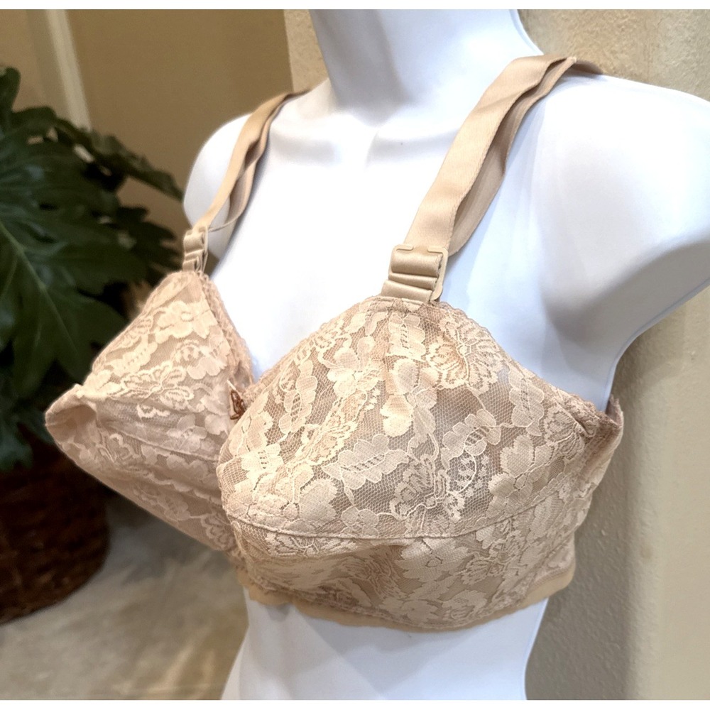 Vtg New 32I LADY CAMEO Floral Bullet BRA Beige Lace Torpedo Cone Wireless USA